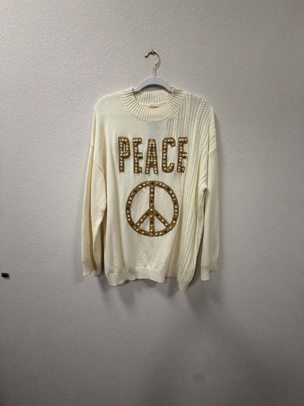 POL Peace Sweater Size L Off White Pearl Studded Knit
